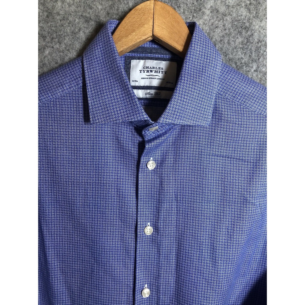 Charles Tyrwhitt Dress Shirt Mens 16 35 Blue Gingham Slim Fit Career Classic